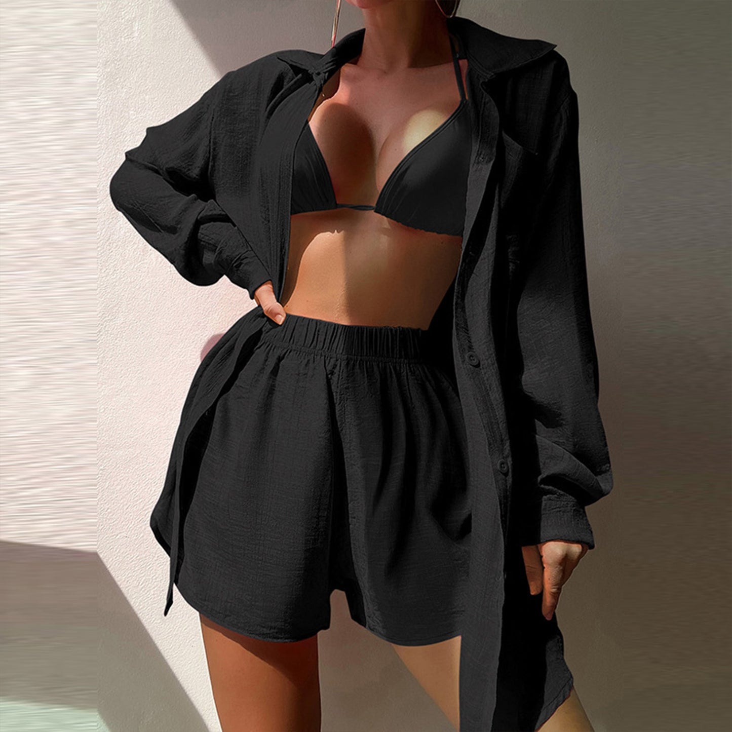 2023 Women Casual Solid 2 Piece Loose Beach Swimsuit with Sun Protection for Sexy Bikini Bathing Swimwear Cover-ups Set