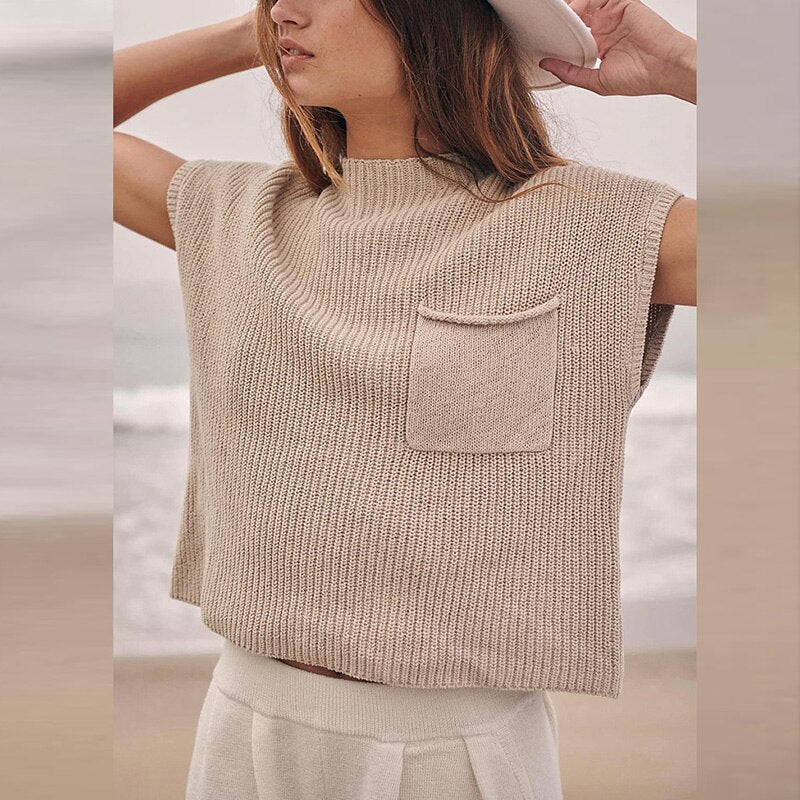 2023 Summer New O-neck Short Sleeve Knitted Top Women's Solid Color Casual All-match Pullover Ladies Fashion Loose Pocket Tops