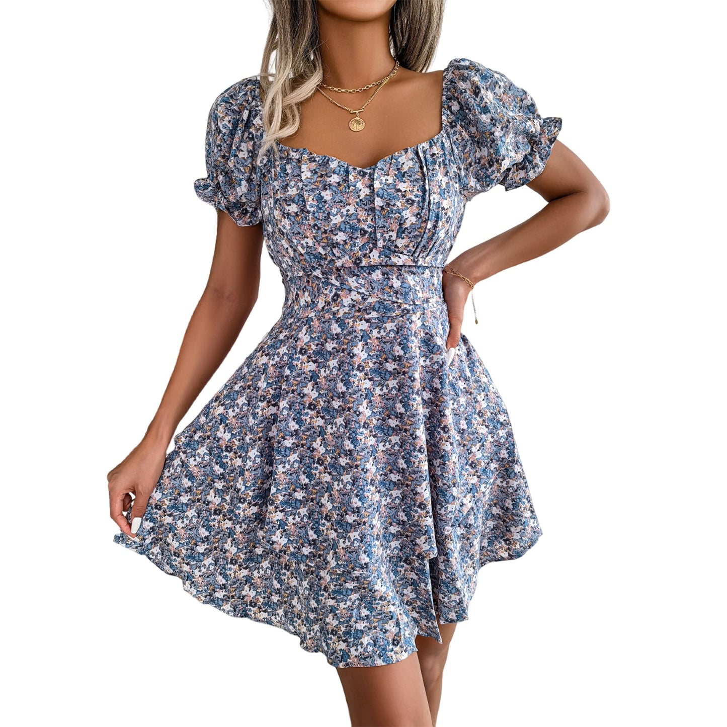Ladies Printing Dress Lace-up Female Beach Mini Dress Waist Up Floral Dress Puff Sleeve Women Daily Wear Dating Shopping