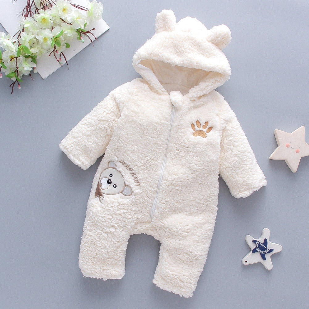 Synpos Autumn Winter Trendy Cartoon Bear Jumpsuit for Infant Boy Baby Girls Clothes 1 Year Warm Hooded Zipper Romper 0-24 Months