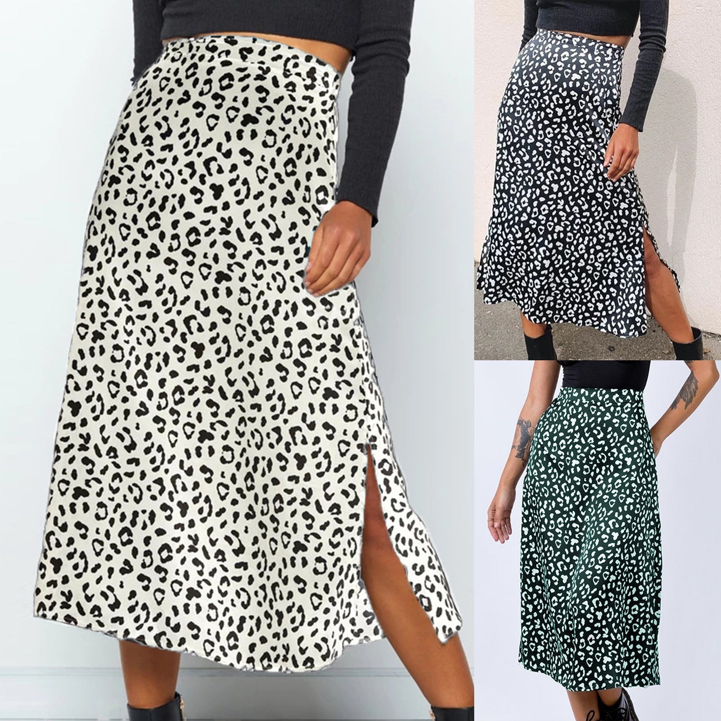 Women Long Skirt High Waist Midi Skirt Leopard Print Casual Maxi Skirt Side Slit Sexy Style Zipper Casual Loose Streetwear Skirt