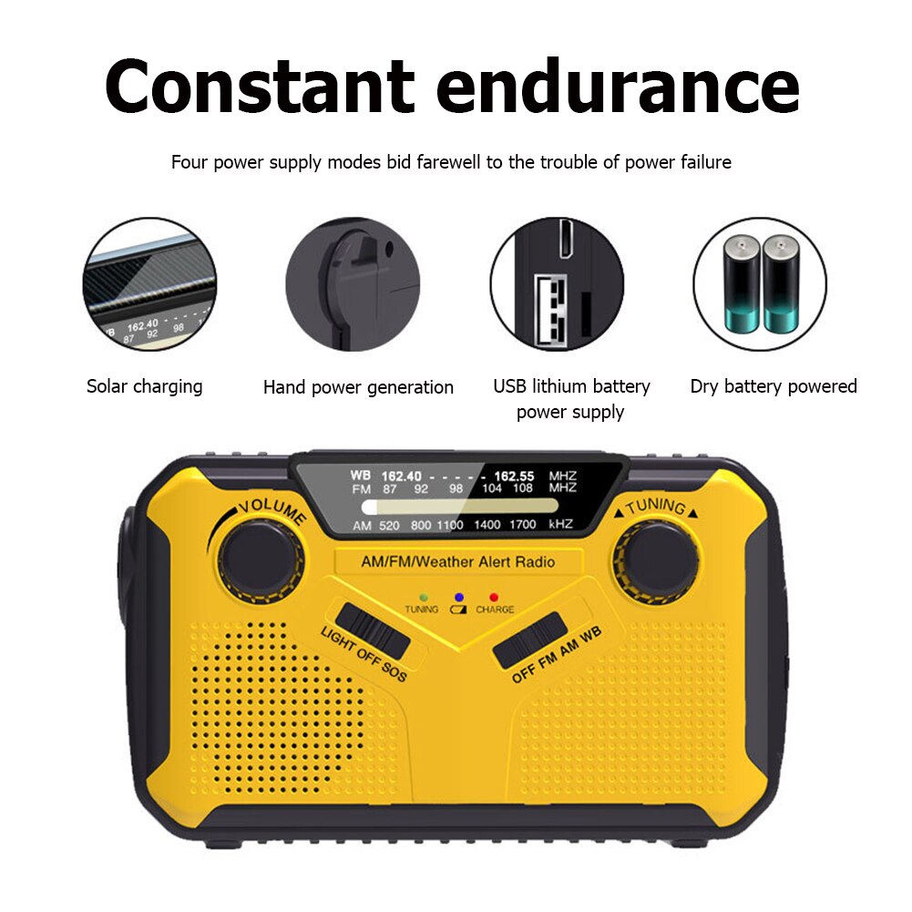 Solar and Hand Cranked Radio AM/FM/NOAA Multifunctional with LED Flashlight for Emergency and SOS Alarm with Outdoor Power Bank