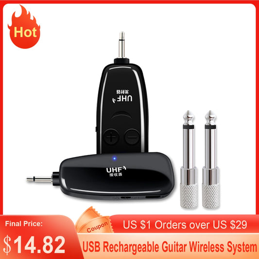 USB Rechargeable Wireless Guitar Transmission / Receiver System - UHF for Bass and Electric Guitars